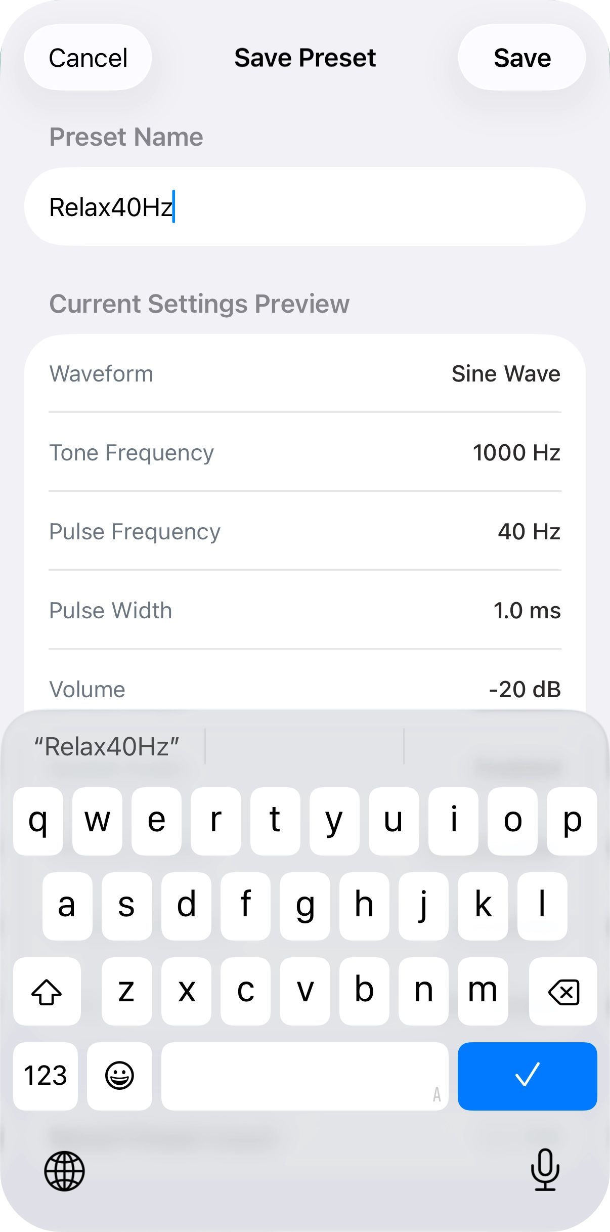 Enter preset name screen